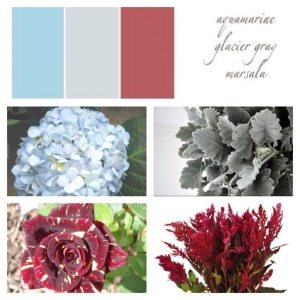 Light Blue Hydrangea, Dusty Miller, Hocus Pocus Rose, Feather Celosia